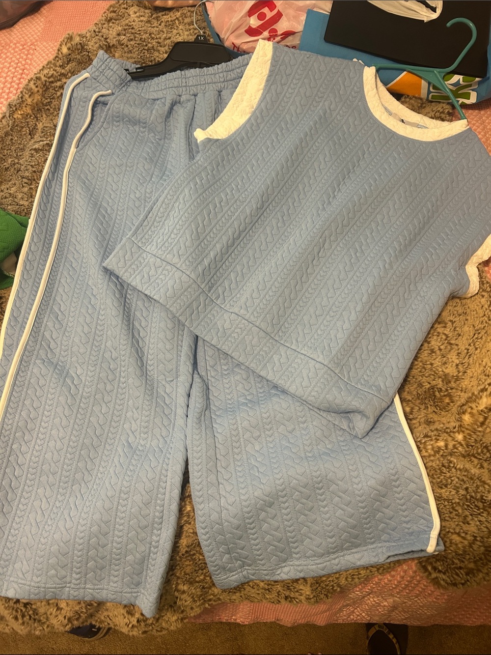 Oh Light Blue Quilted Two-Piece Top and Shorts Set with White Trim